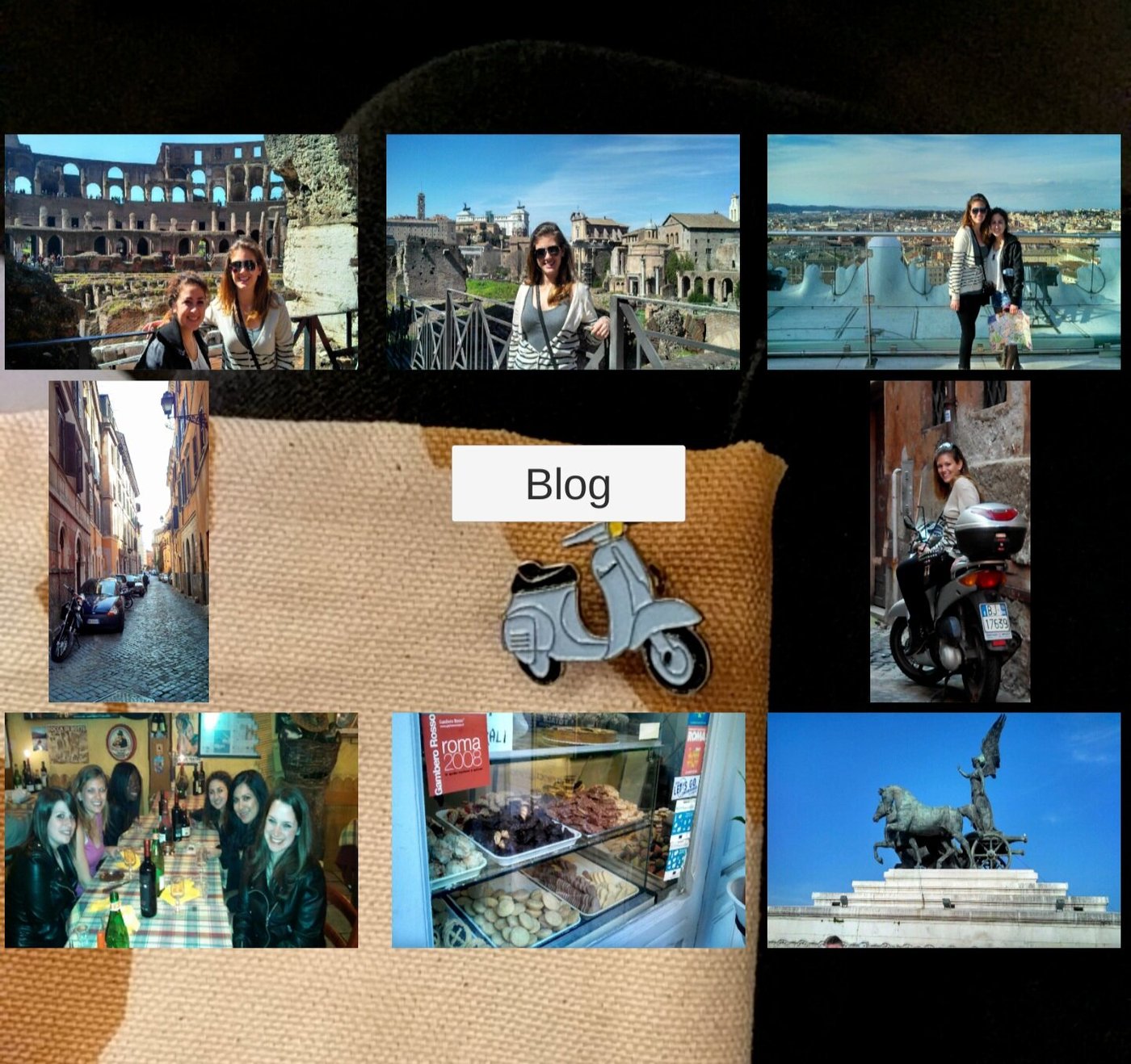 Screenshot of the AR app showing a grid of photos from Rome surrounding the scooter pin, with a Blog button in the center