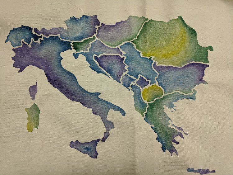 Hand-watercolored map of central Europe on canvas in blues, purples, greens, and yellows