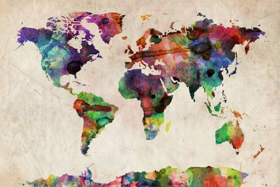 A colorful watercolor world map illustration by Michael Tompsett