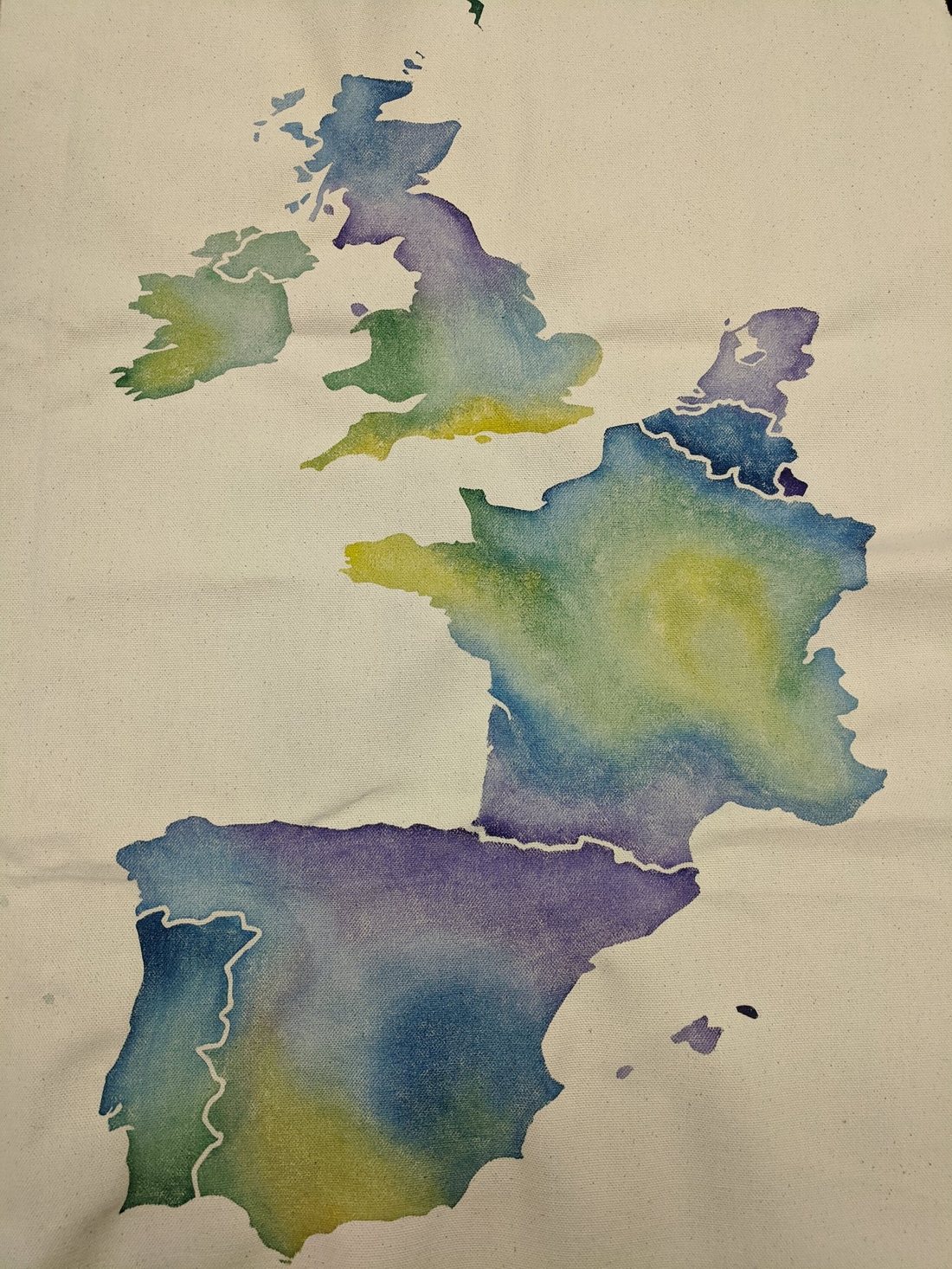 Hand-watercolored map of the British Isles, France, Spain, and Portugal on canvas