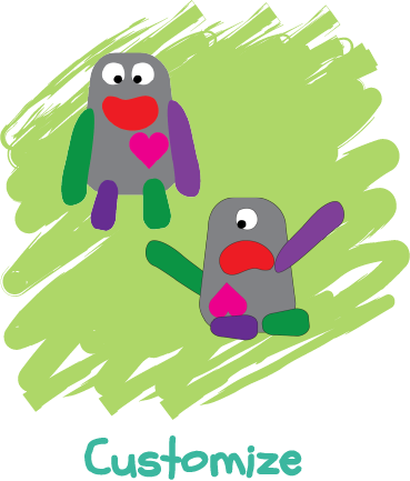 Illustration of two CuddleCode monsters with mix-and-match parts, titled 'Customize'