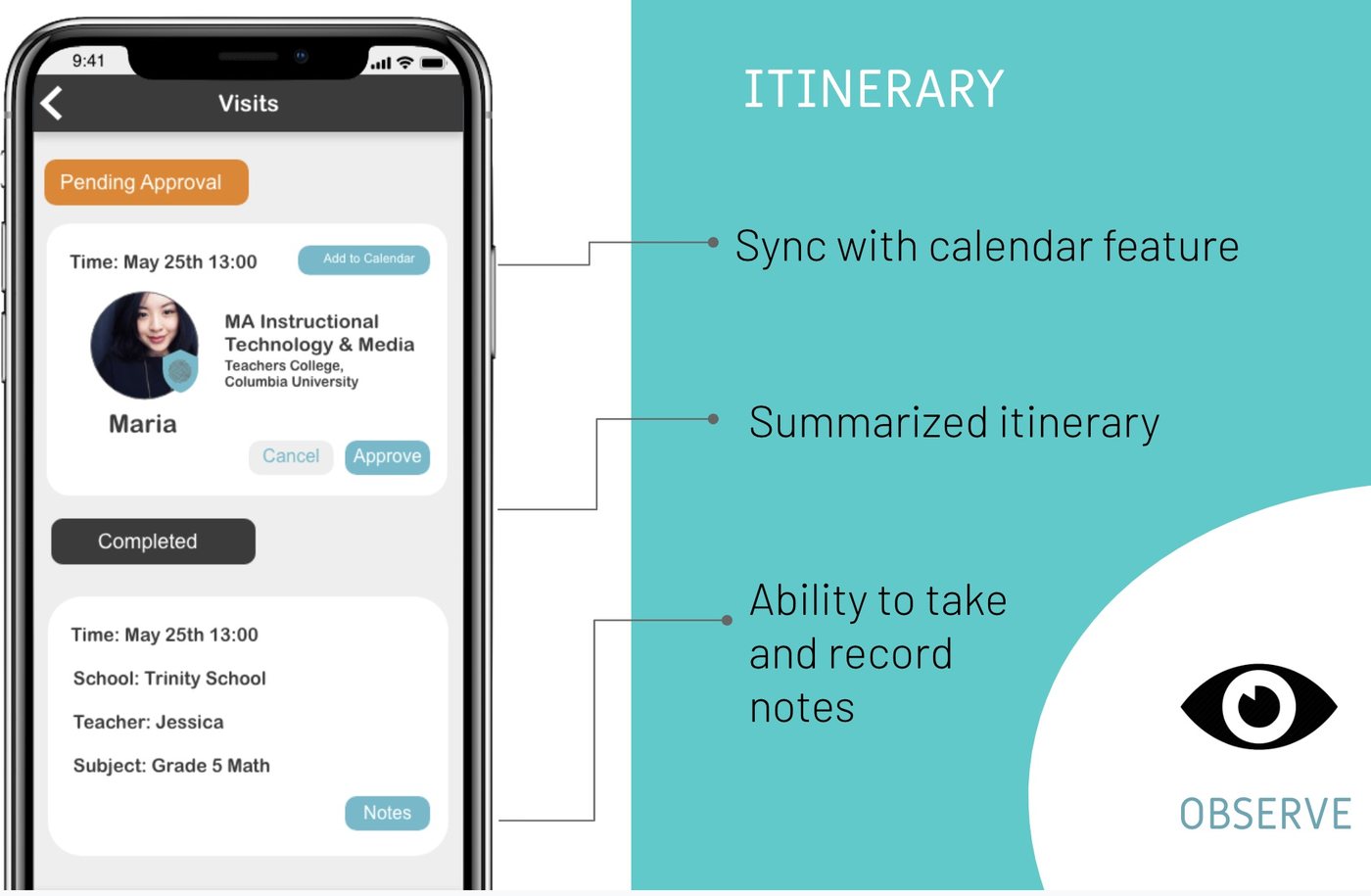 matchEd visits screen showing a synced itinerary and notes