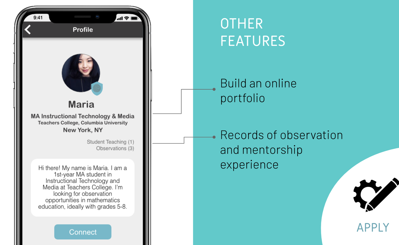 matchEd profile screen showing an online portfolio and observation records