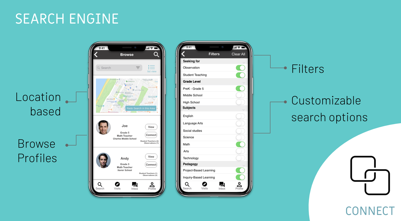matchEd search engine screen showing location-based browsing and customizable filters