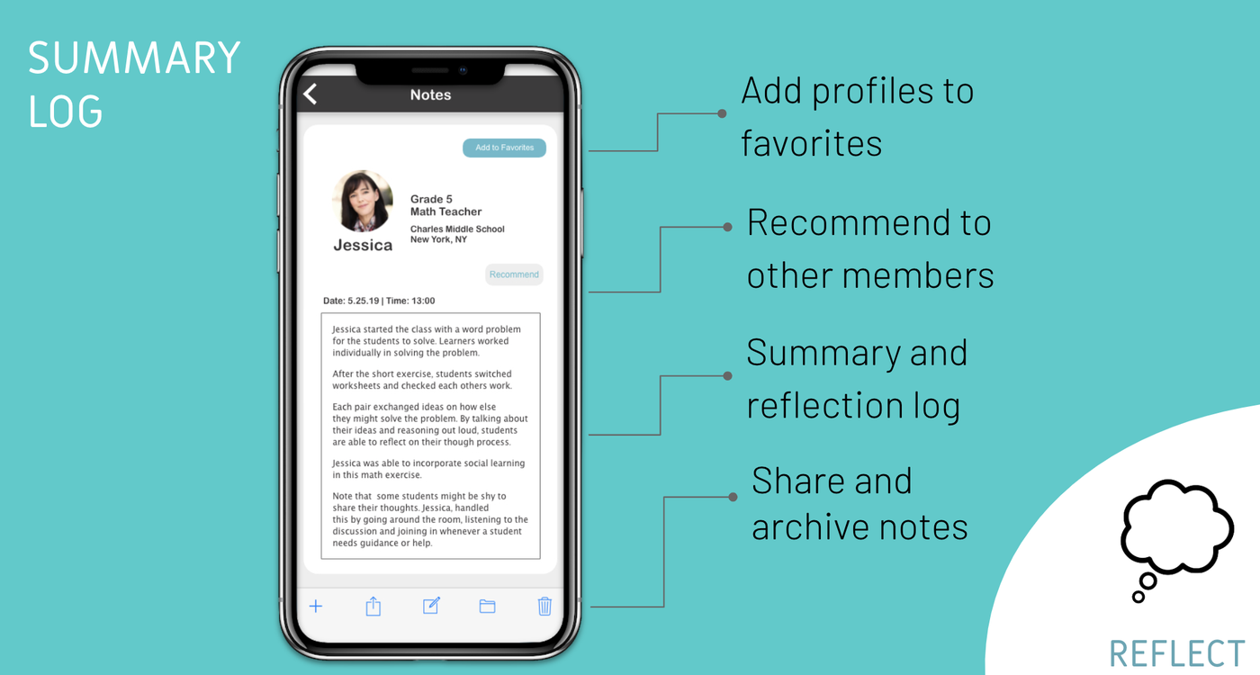 matchEd notes screen showing a summary and reflection log