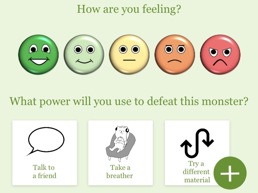 Prototype screen asking 'How are you feeling?' with five faces and 'What power will you use to defeat this monster?' with strategy cards