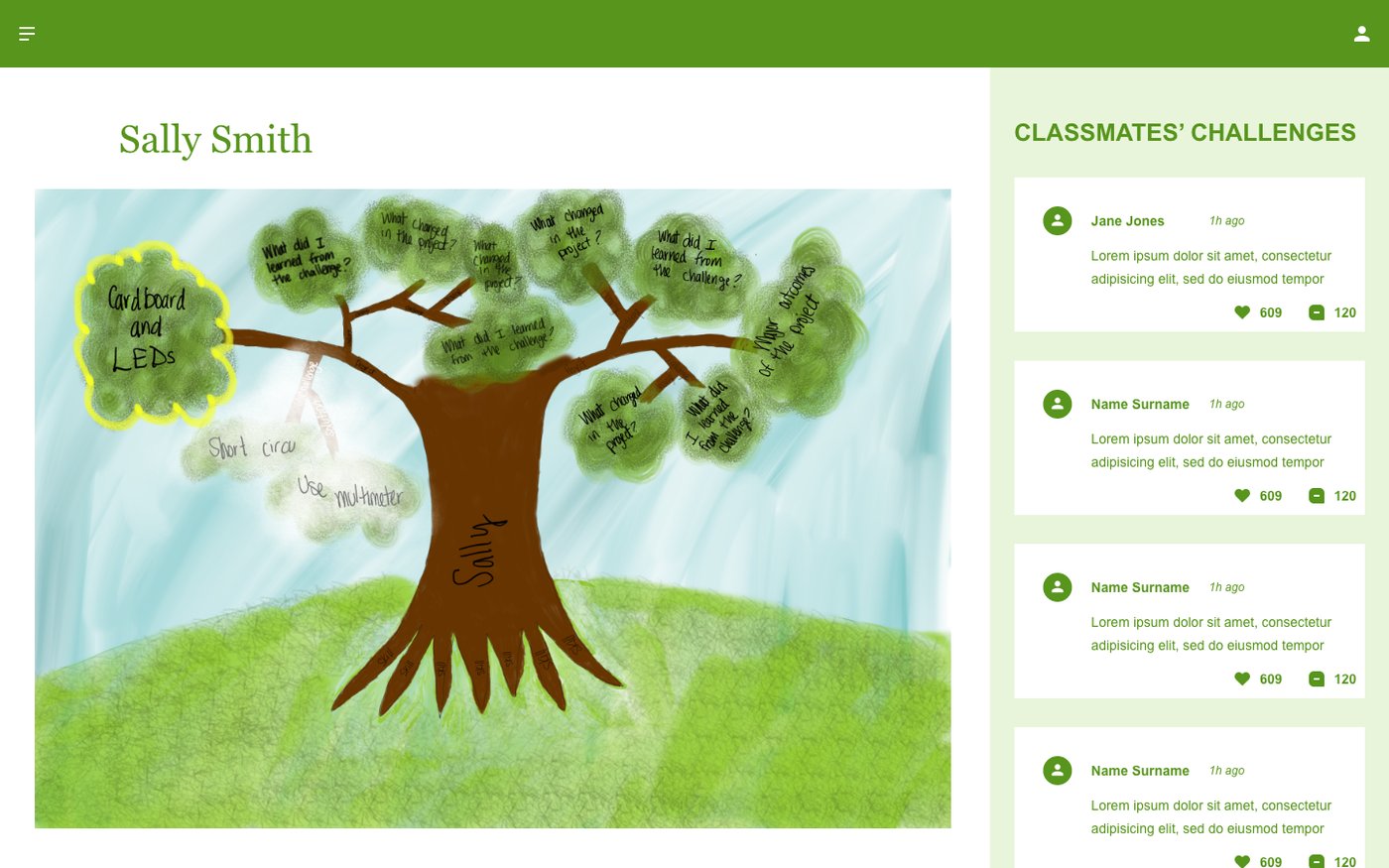Student reflection page showing a hand-drawn tree with challenges and lessons written on its branches, beside a feed of classmates' challenges